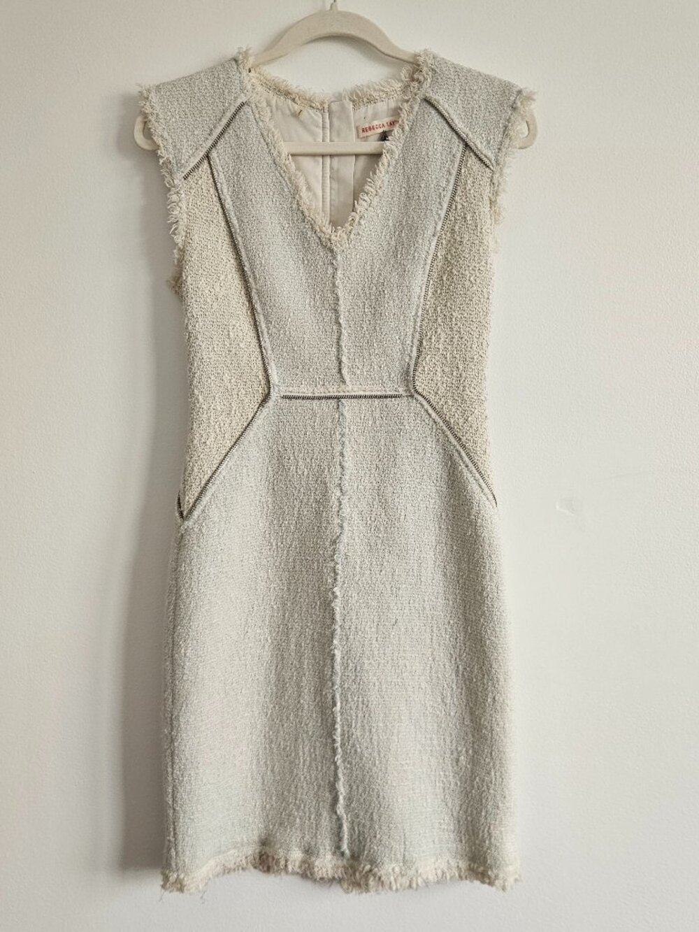 Rebecca Taylor Size 2 Dress Knit Tweed Cream Light Blue Zipper Accent V Neck